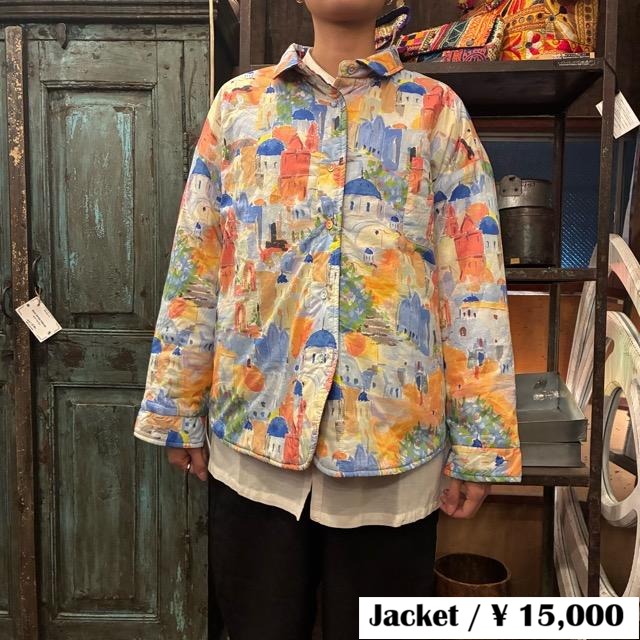 TOPANGA Lady's Watercolor cityscape & check reversible quilted jacket Blue　水彩の街並みとチェック柄のリバーシブルキルティングジャケット　ブルー