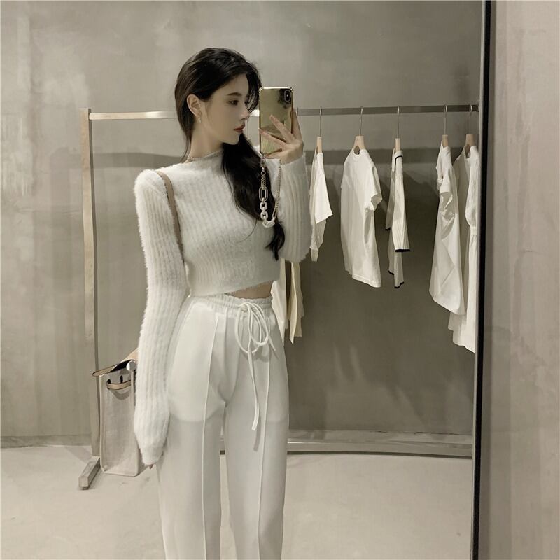 カジュアルオータムウィンターショートセーター ハイウェストウェストワイドレッグ 秋物 冬物 ワイドパンツ ドラファッションホール34409201534