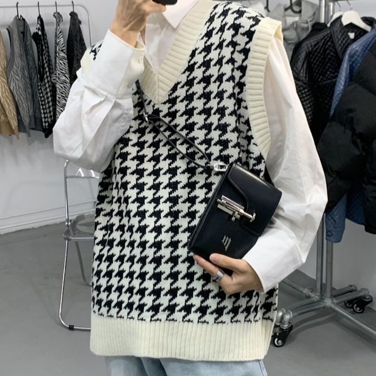 千鳥格子柄レトロニットベスト MU0927 | 韓国メンズファッション通販 ...