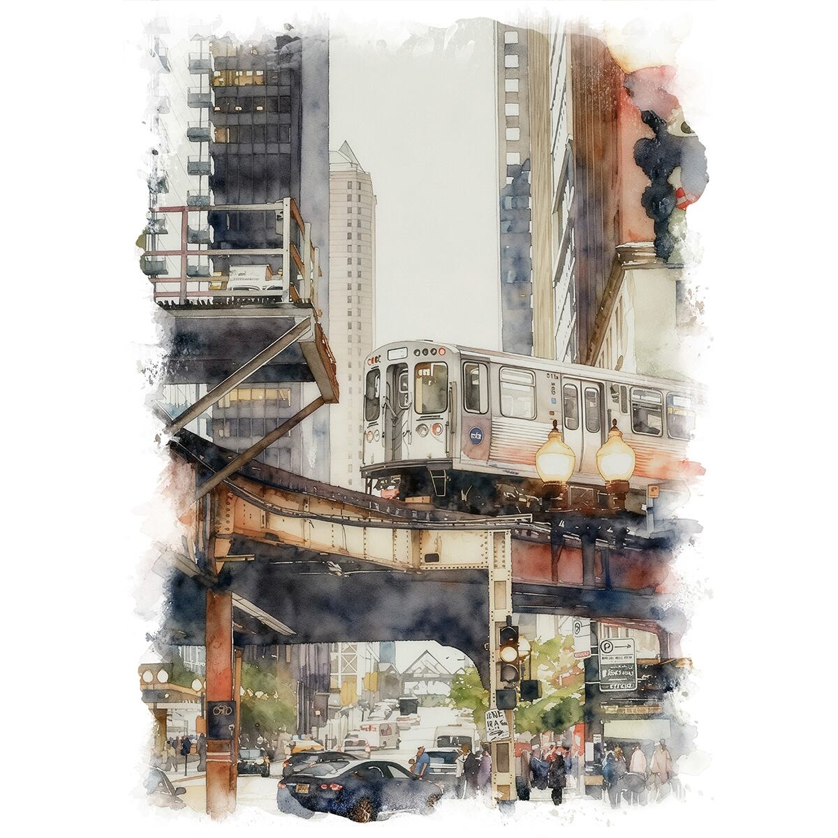 絵画 風景画(街並み)アメリカ シカゴの高架鉄道 インテリアアート額付き 水彩画・油絵風 WAT1402