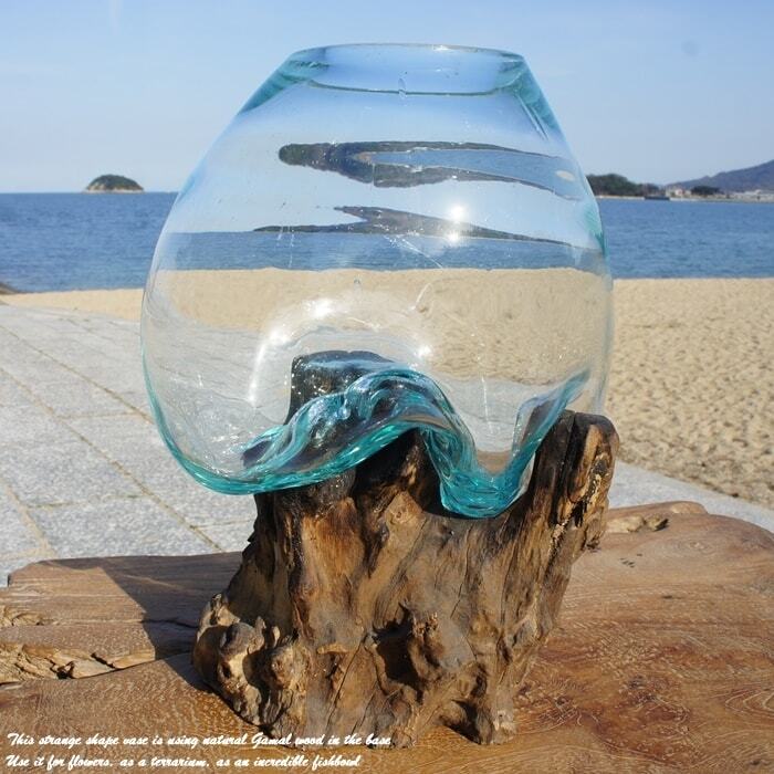 吹きガラスと天然木のオブジェM 金魚鉢 メダカ 水槽 アクアリウム