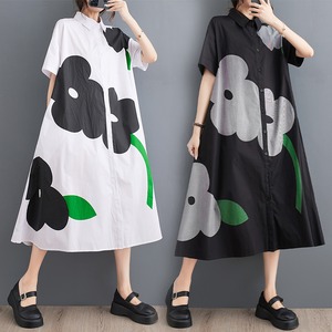 FLOWER PRINT HALF SLEEVES A-LINE MIDI SHIRT DRESS 2colors M-7408