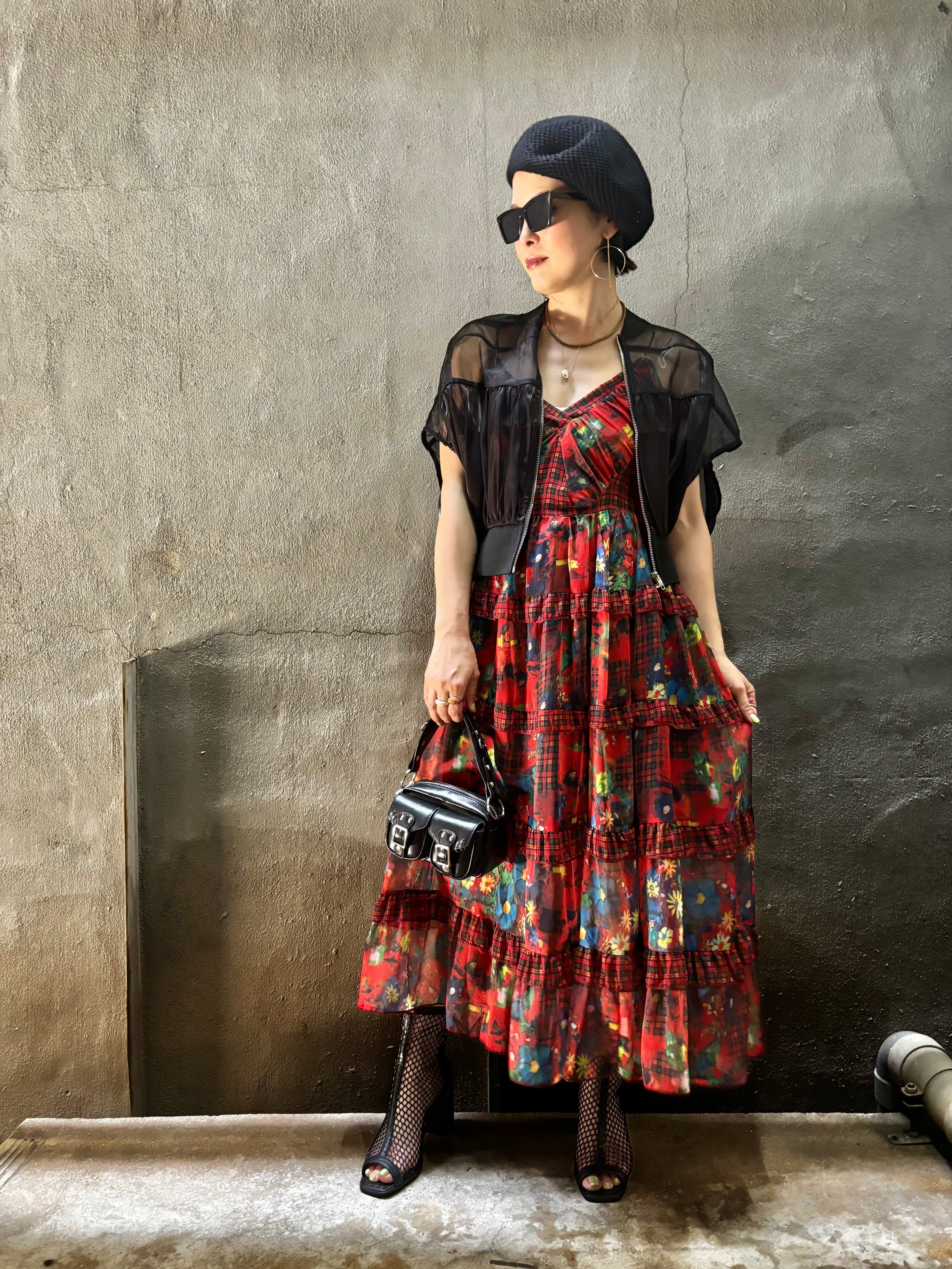 red flower × check print cami one-piece ワンピース キャミワンピ