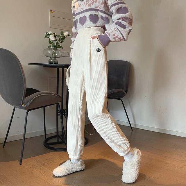 カジュアルパンツ オータムウィンターハイウェストルーズ薄手ベルベット 秋物 冬物 1号婦人6303864832