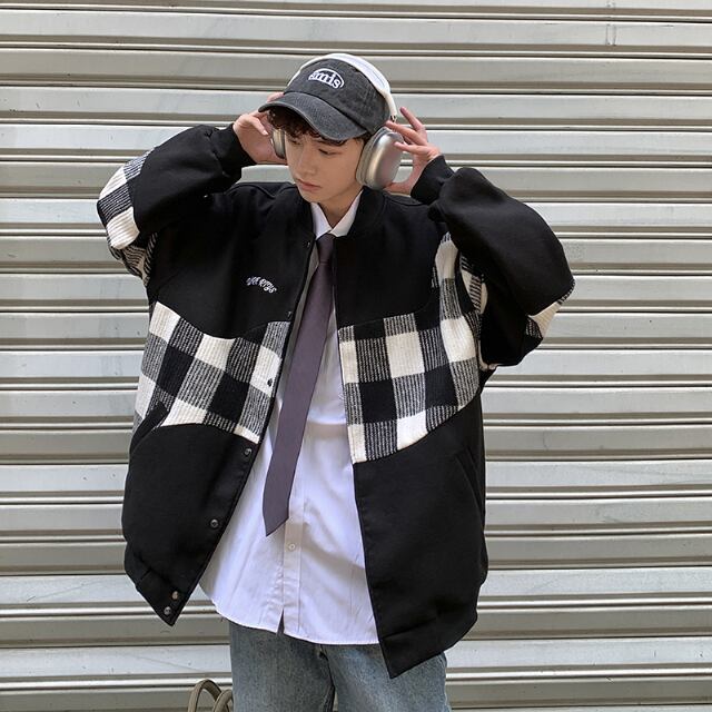 【予約販売】スタジャン ブルゾン アメリカン 防寒 チェック柄 メンズ アウター アメカジ ショート丈 オーバーサイズ ブラック ブラウン アメリカンレター 無地 お洒落 こなれ感 韓国 ベーシック 秋 冬 大きいサイズ M/L/XL