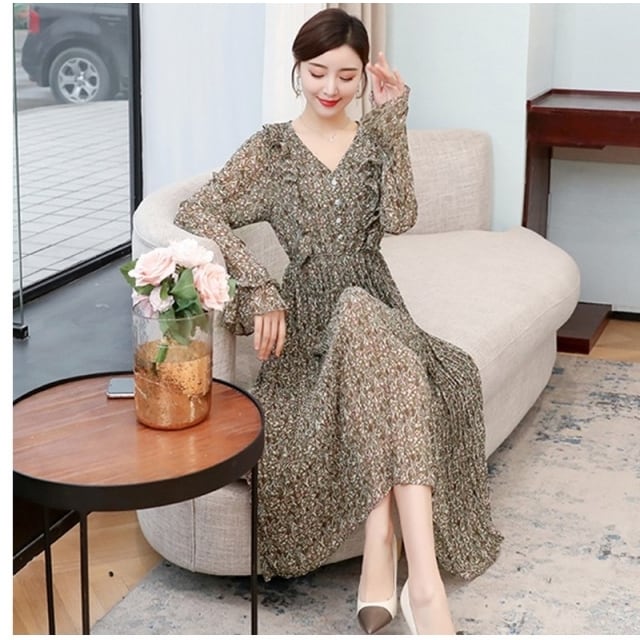 カシュクールワンピース 大きいサイズ 小花柄シフォンワンピース
