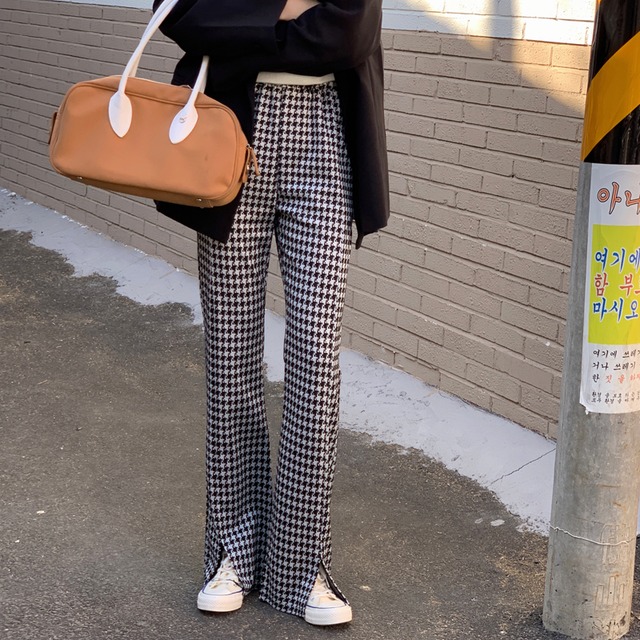 パンツ 千鳥格子 ストレート スリット ルーズシルエット ハイウエスト カジュアル ストリート メンズライク 韓国 オルチャン 韓国ファッション オルチャンファッション P1310 Korean Select 韓国ファッション オルチャンファッション