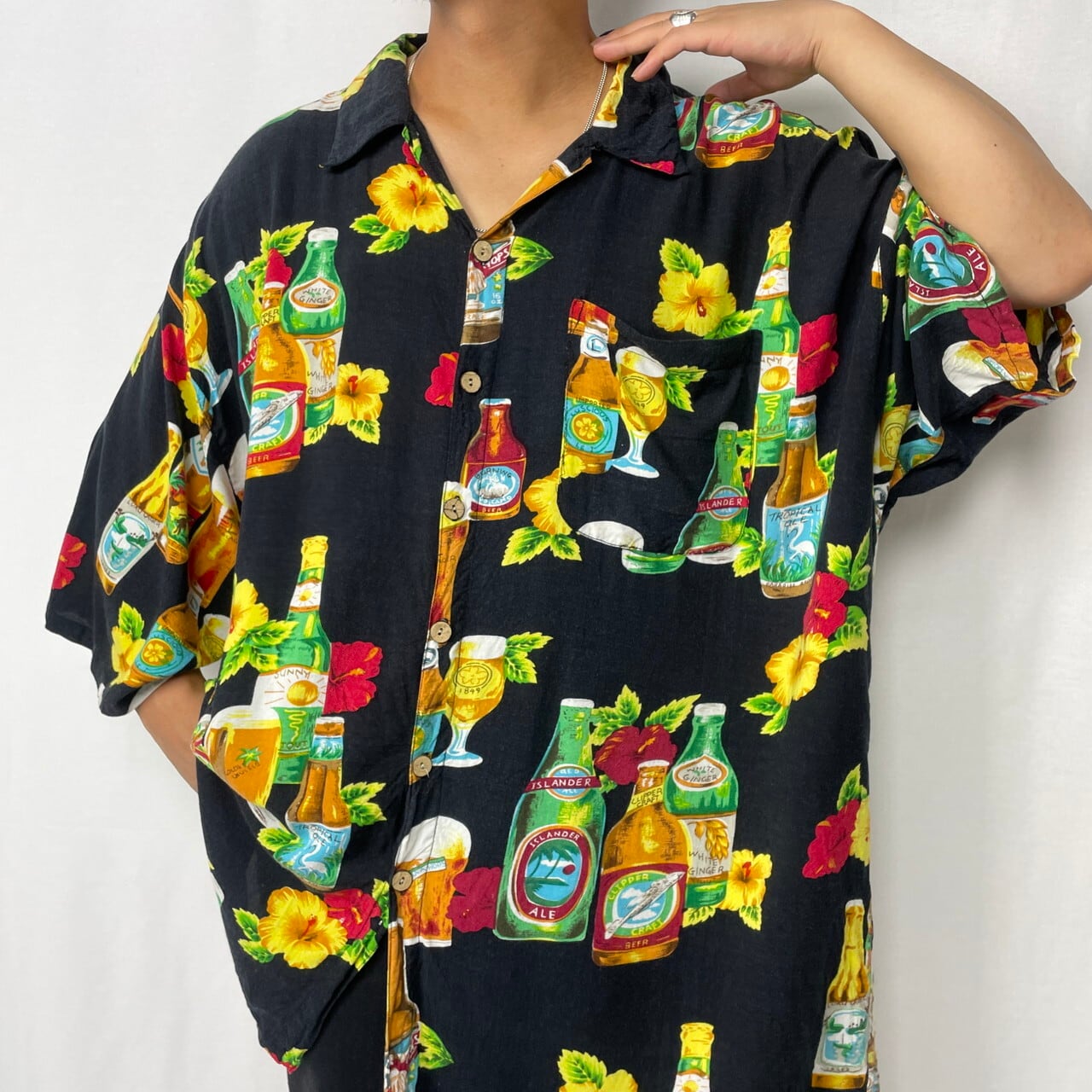 スーパービッグサイズ K.A.D CLOTHING CO. ビール ハイビスカス柄 レーヨン アロハシャツ メンズ3XL 古着 花柄 お酒 総柄  ブラック 黒色【半袖シャツ】【PS0707】【FSS2308-50b】 | cave 古着屋【公式】古着通販サイト