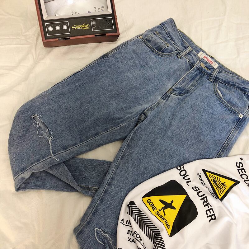 全1色 デニム パンツ ストレート カジュアル ワイド クラッシュ