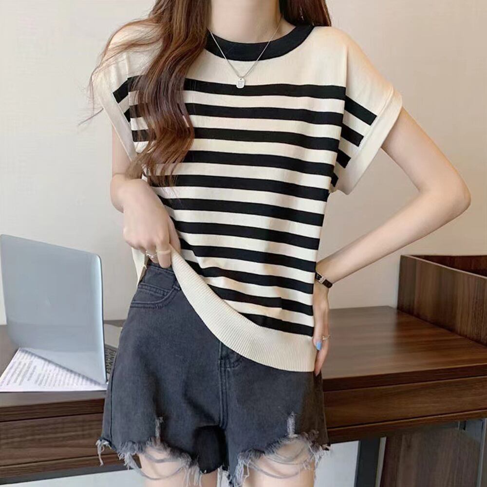 フレンチスリーブ ボーダー ニット レディース 春夏 韓国 おしゃれ 大人 カジュアル きれいめ 薄手 涼しい シンプル インナー トップス 大人可愛い 大人女子