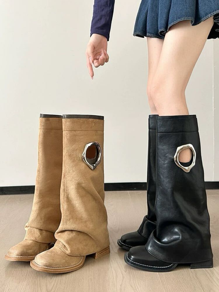 ワンポイントで差をつける♡ カットアウトフレアロングブーツ 大人可愛い お洒落 肌見せ カジュアル クール シルバー レザー調 脚長 細見え 大きいサイズ 韓国 CH11130