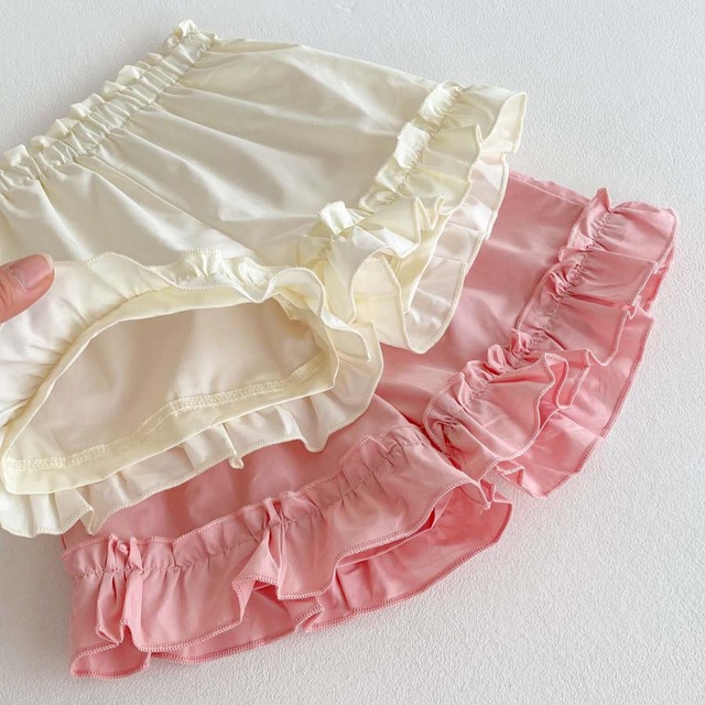 【BABY】裾フリルデザイン無地コットンショートパンツ - 6