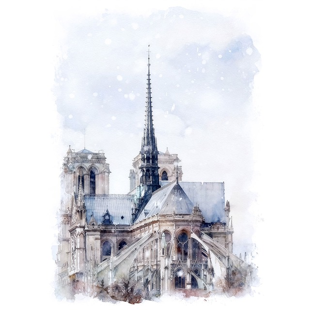 絵画 フランス 風景画(街並み) 冬 雪が降る パリのノートルダム大聖堂 インテリアアート額付き 水彩画・油絵調 WAT0483