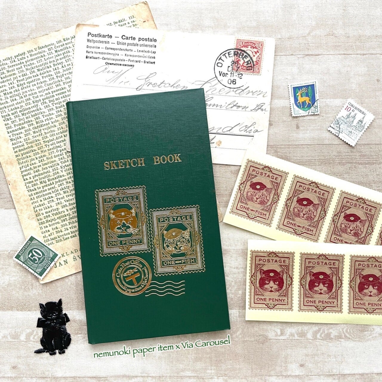 猫たちの郵便局 測量野帳と切手シールセット：切手と消印 | nemunoki