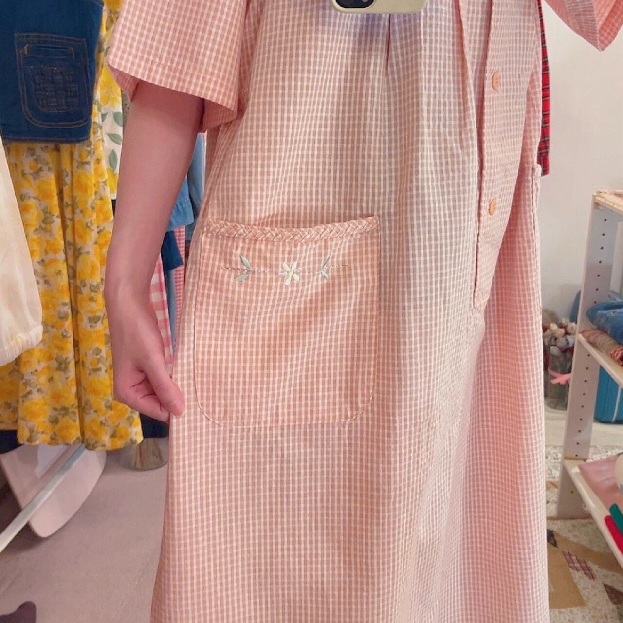 orange gingham check flower one-piece