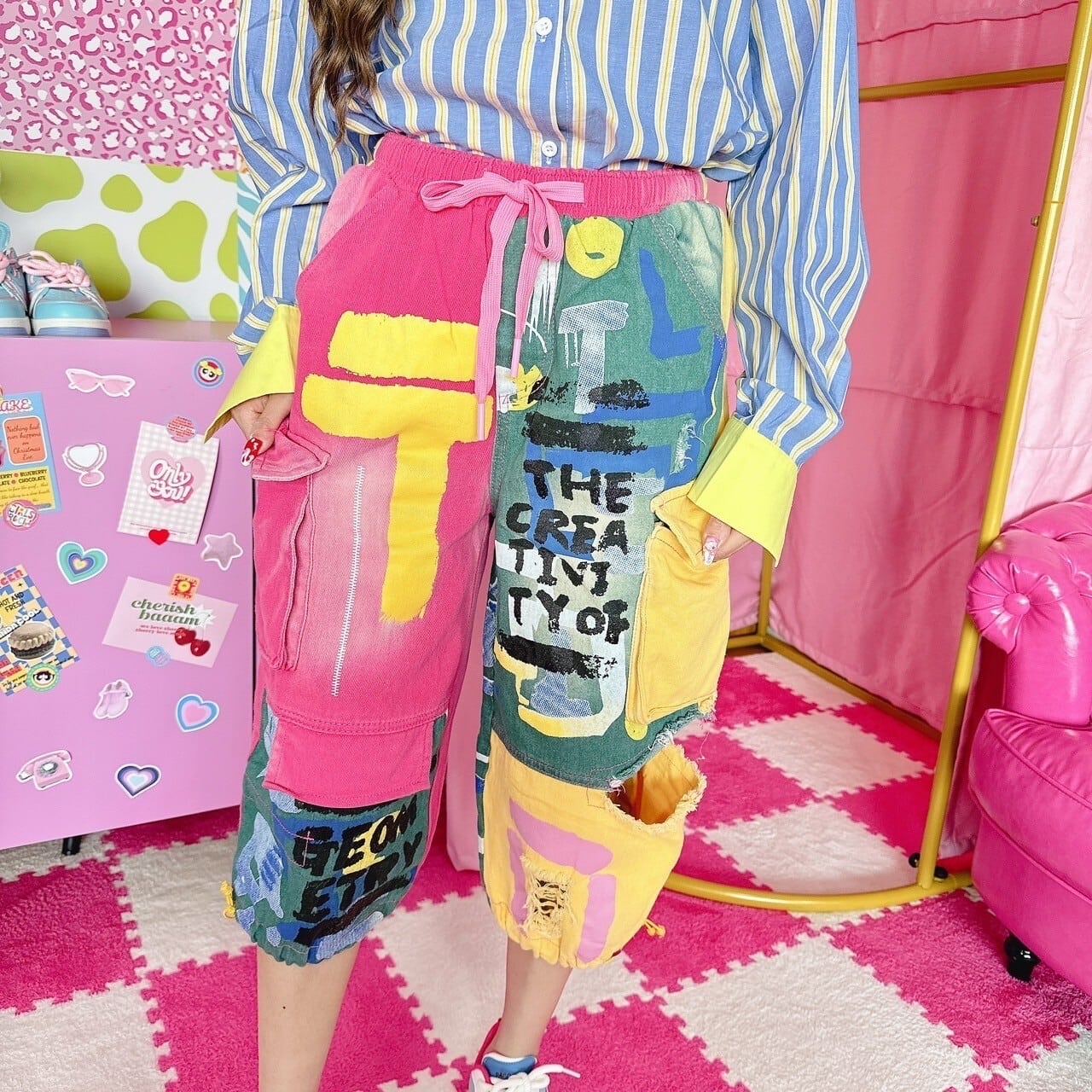 カラフルパッチワークカーゴパンツ/韓国/レディースファッション