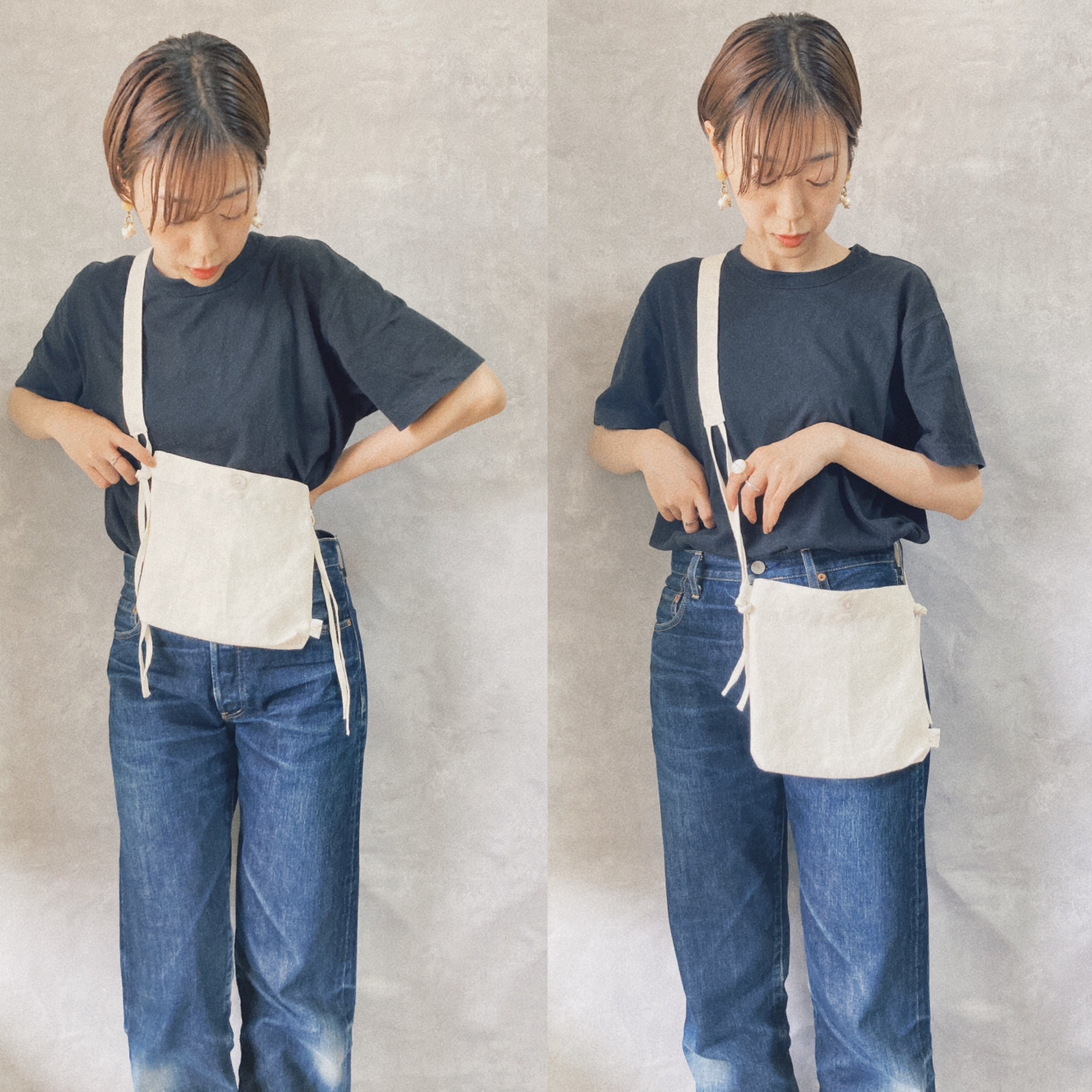 リネンの2wayバッグ サコッシュ ショルダーバッグ 白蝶貝ボタン 長さ