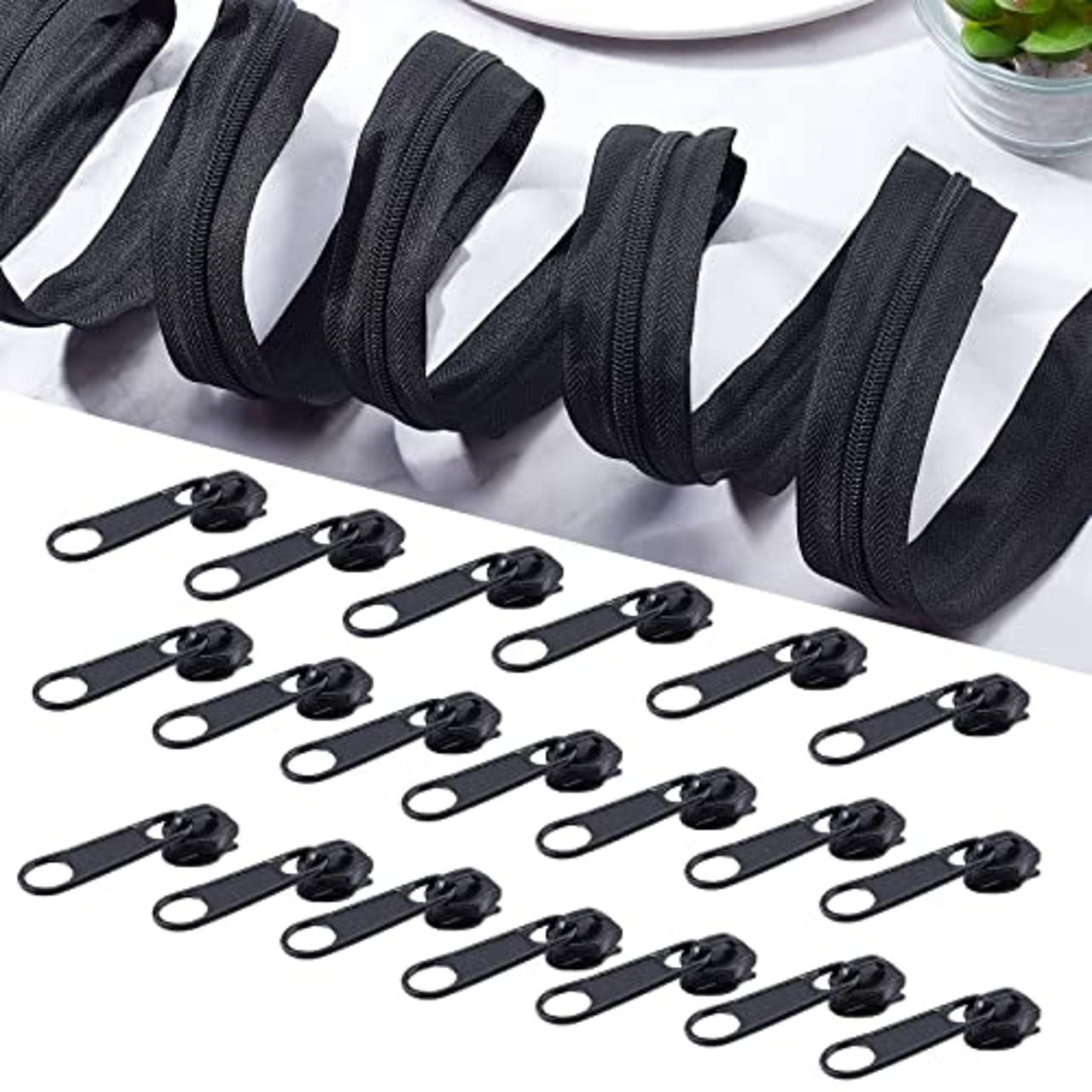 BENECREAT #3全長10mナイロンファスナーセット 黒色ファスナーテープ 20個プラスチック引き手 スライダー交換 ジッパー修理 服装 バッグ ジッパー交換 修理キット 裁縫