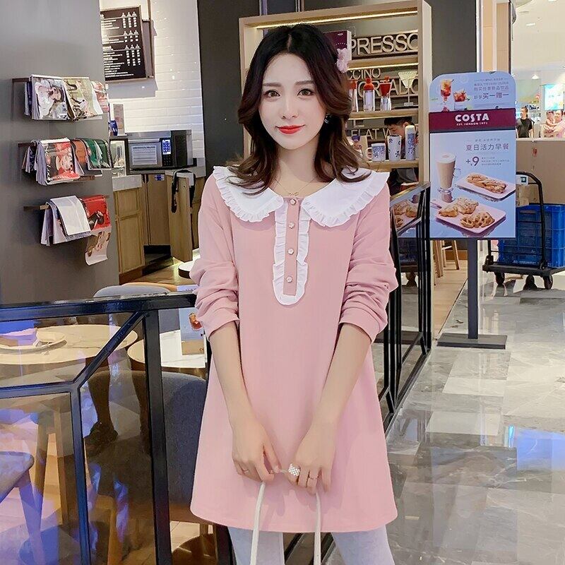 【新作】【送料無料】 マタニティ服ルーズスタイリッシュ春秋ピーターパンカラードレス妊婦ミドルロングイージーマッチングママドレス スプリング 春物 オータム 秋物 AL expec334890153781