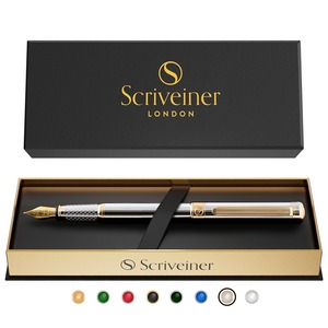 【人気】Scriveiner最高級 プレミアム 万年筆 (シルバー) 魅力的な美しさ 本物の金メッキSchmidt ッキペン先（細字） 男性にも女性にも最適 プロフェッショナル 重役 職場 上品な万年筆ギフトセット 極細のペン先 シルバー Silver Fountain Pen K24K18
