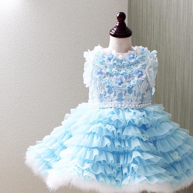 水色の羽つきドレス／◆B02◆ キッズドレス ベビードレス 送料無料 80 90 日本製 高品質 