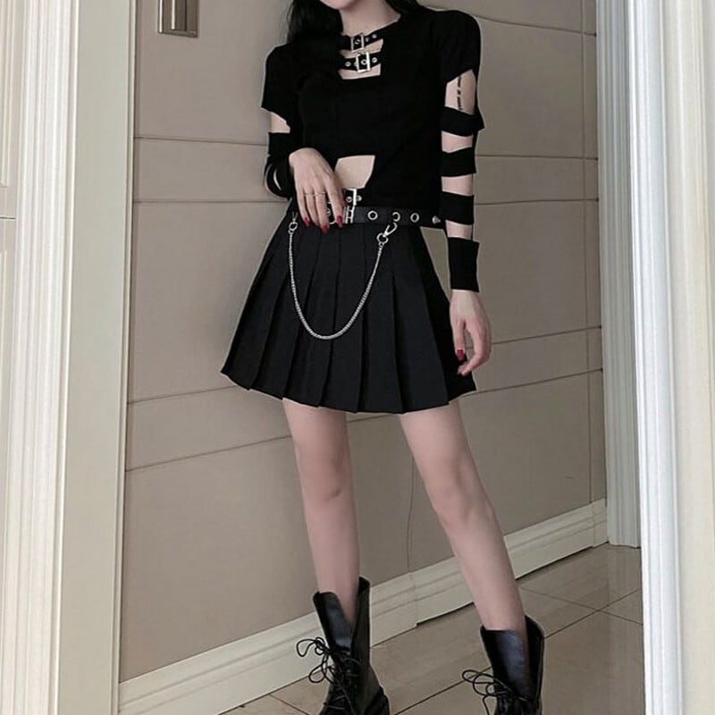 Tシャツ+プリーツスカート＋ベルト3点セット_20080 | BLACKCAT666