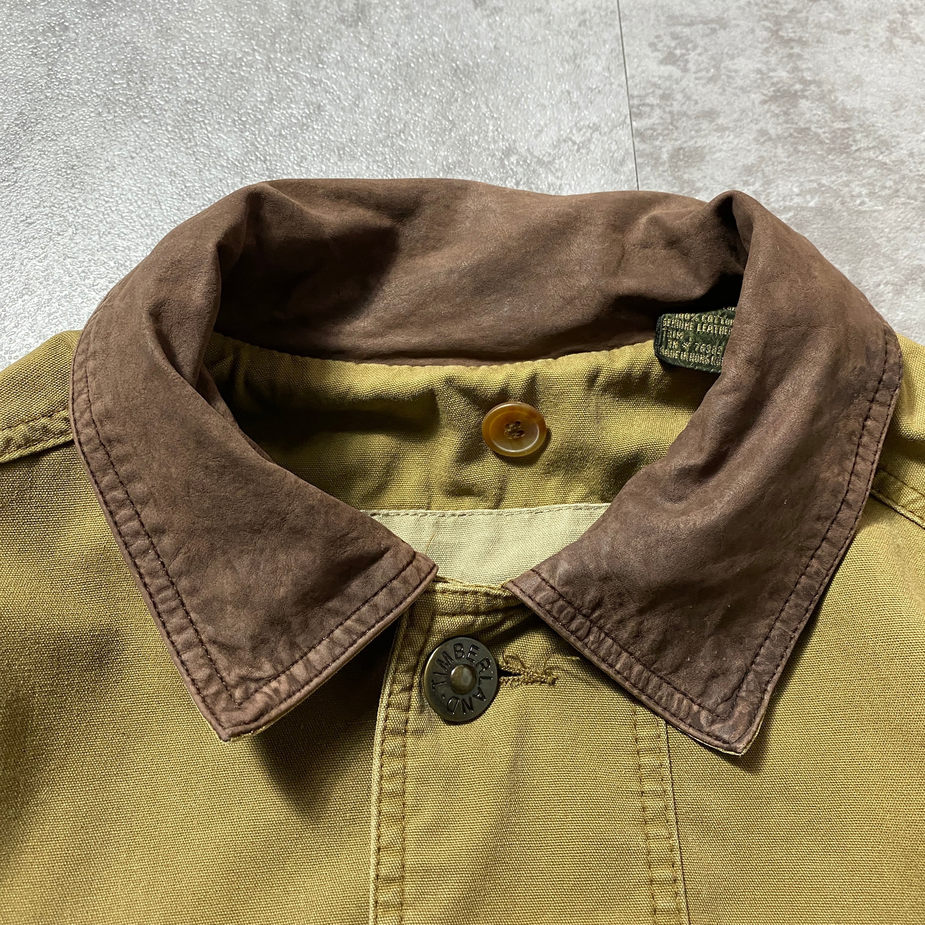 90's Timberland ティンバーランド レザー襟 メタルボタン ミドル丈