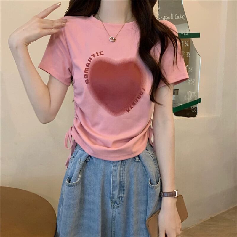 送料無料】 プラスサイズの女性のピンク半袖夏レトロプリント T シャツ