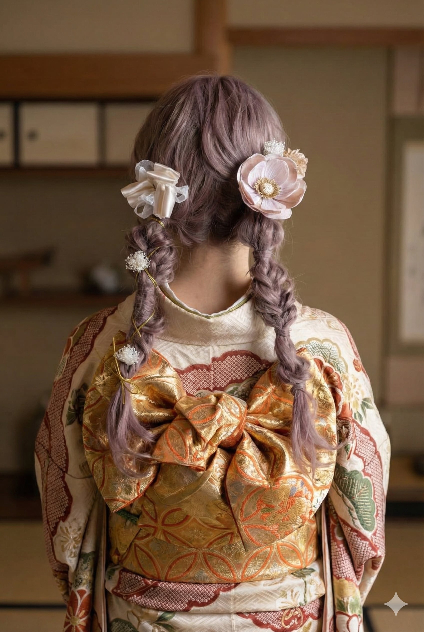 紅花翁草(アネモネ)リボン髪飾り くすみピンク 成人式 卒業式 結婚式