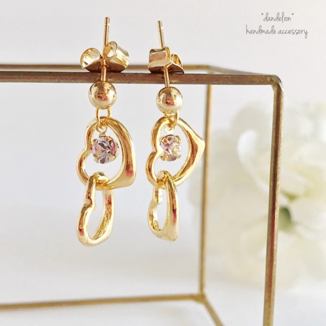 高品質♡小さなダブルオープンハートビジューピアス/イヤリング 大人可愛いゴールド