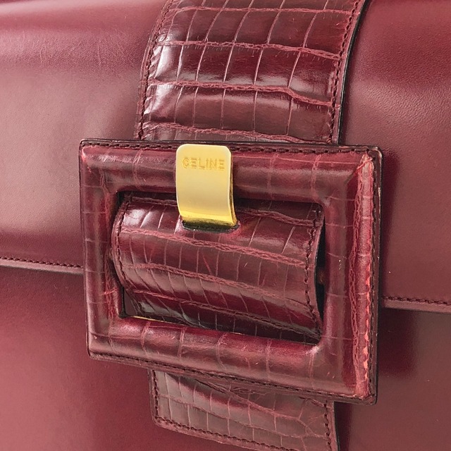 CELINE セリーヌ フロントベルト クロコ型押し ボックス ショルダーバッグ ボルドー vintage ヴィンテージ オールドセリーヌ wvxw4y