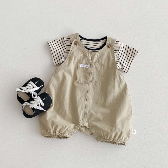 【セット】ミニスマイルストライプTシャツサロペットロンパースセット - 19