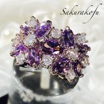 D099 ダブルフラワー  アメジスト ジルコニア  シルバー リング 指輪 レディース