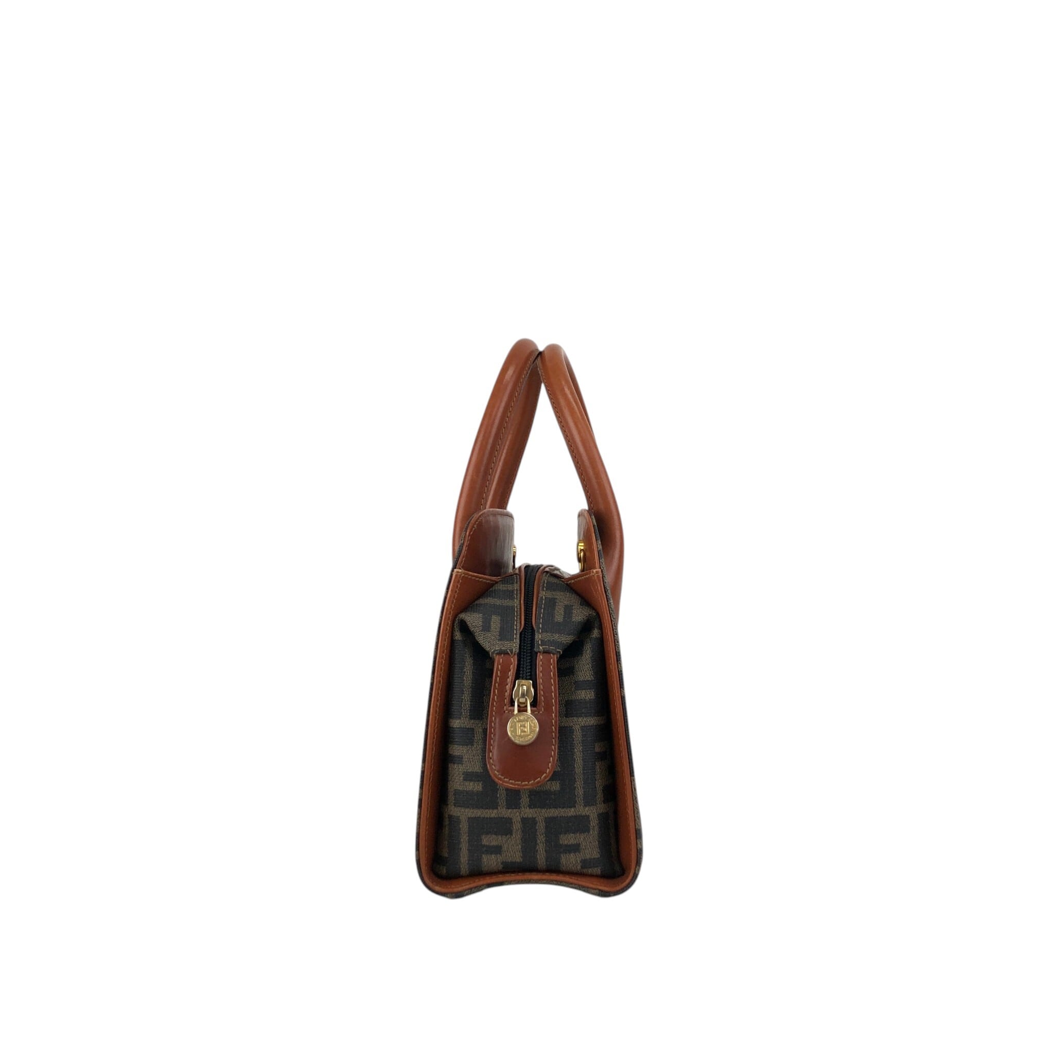 2633 美品 フェンディ ズッカ ボストンバッグ 茶 PVC レザー オールド FENDI フェンディ ズッカ ハンドバッグ ブラウン ロゴ PVC レザー