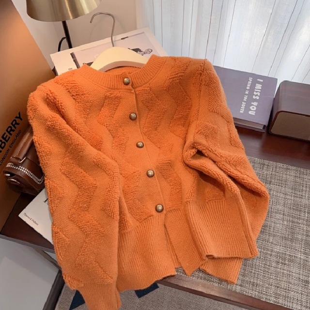 【YOYOシリーズ】トップス セーター ニット ３色展開 ラウンドネック 無地 オレンジ ホワイト グレー