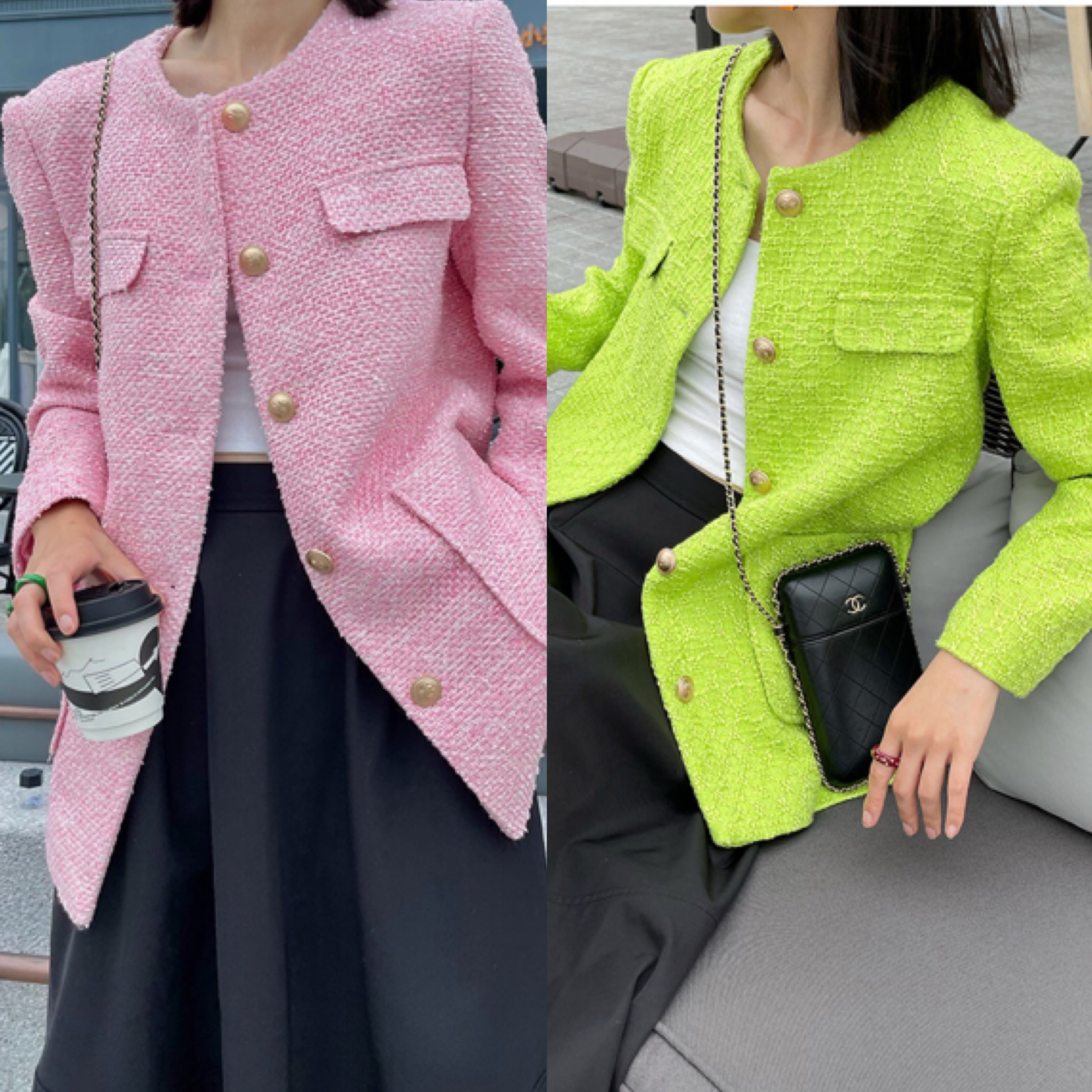 ⭐️希少 美品 ツイード ピンク ジャケット Y2K 昭和 金ボタン 2カラー 】ピンク グリーン ツイード ジャケット | LOVEYsmileSHOP