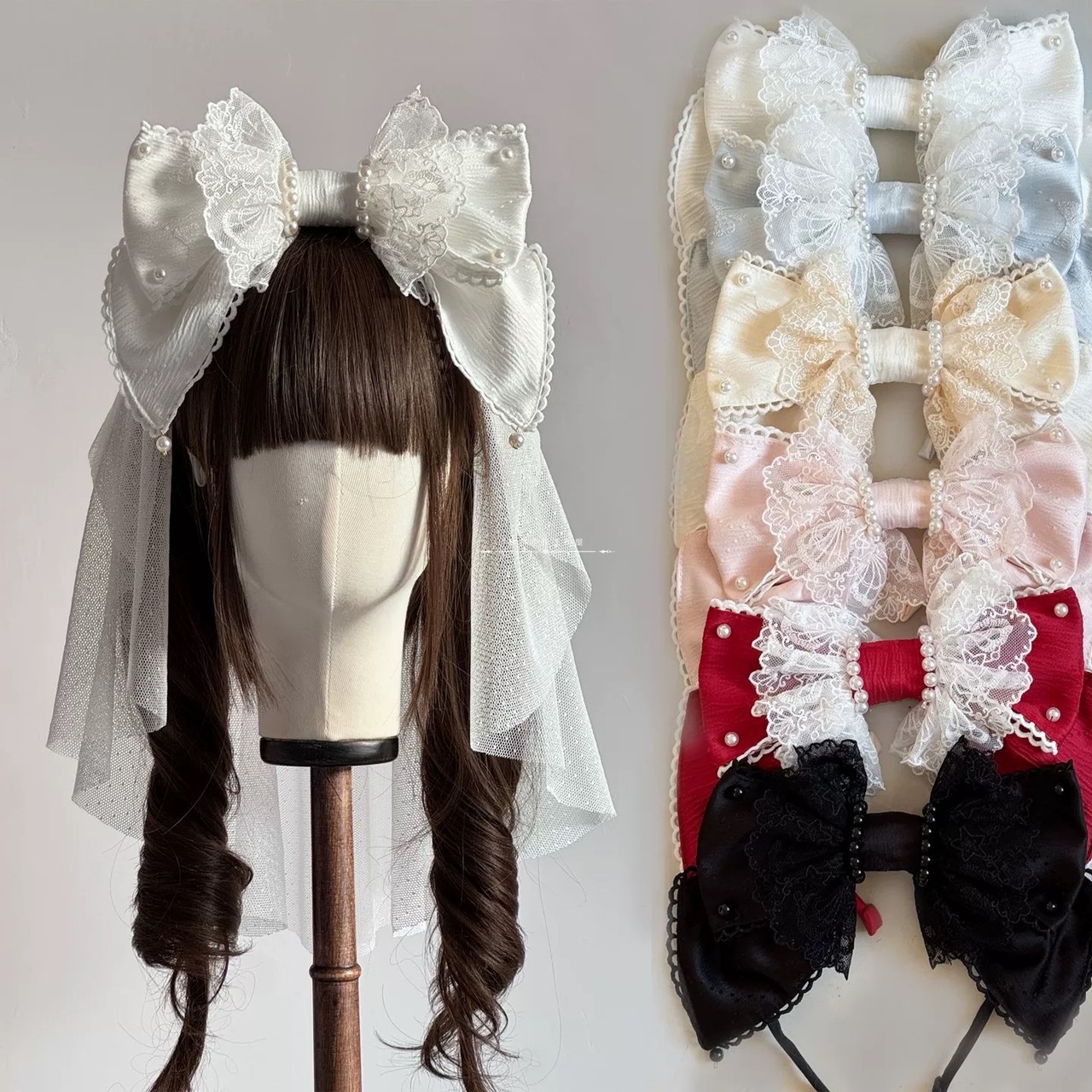 ♡【全7色】MAID ヴェール付き パールリボンカチューシャ light blue ♡