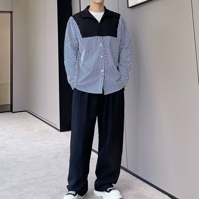 【Men】POLO COLLAR STRIPED PATCH PULLOVER SHIRT S-2034