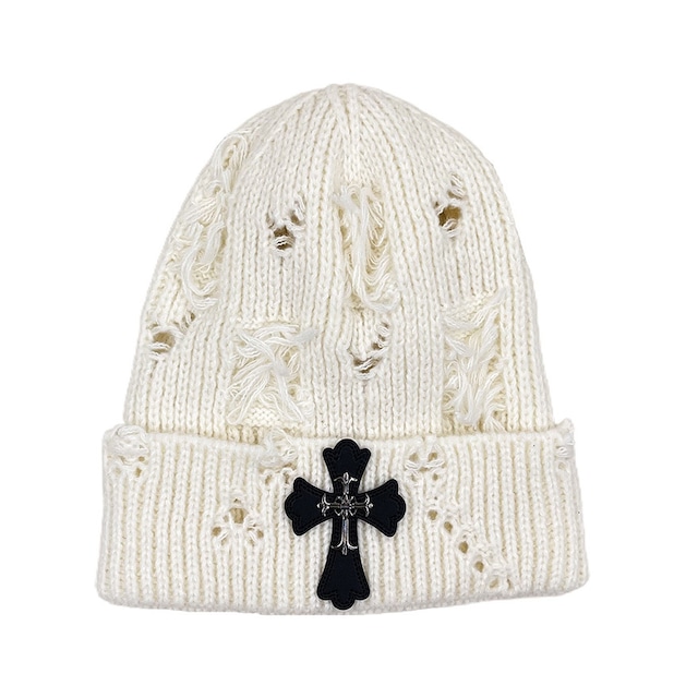 ゴスロリ系 退廃クロスが宿る ダメージニット帽｜地雷系・ゴシック・闇かわコーデの仕上げに｜WithU