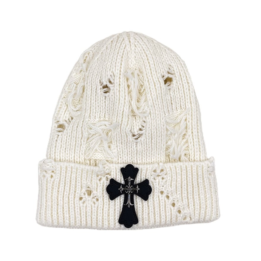 ゴスロリ系 退廃クロスが宿る ダメージニット帽|地雷系・ゴシック・闇かわコーデの仕上げに|WithU