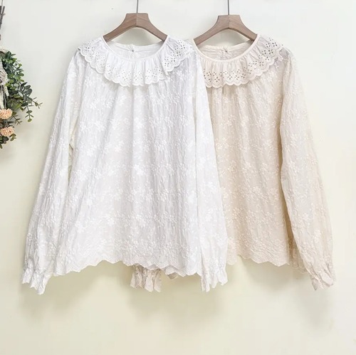 2色／レース襟スカラップ刺繍ブラウス ・12045