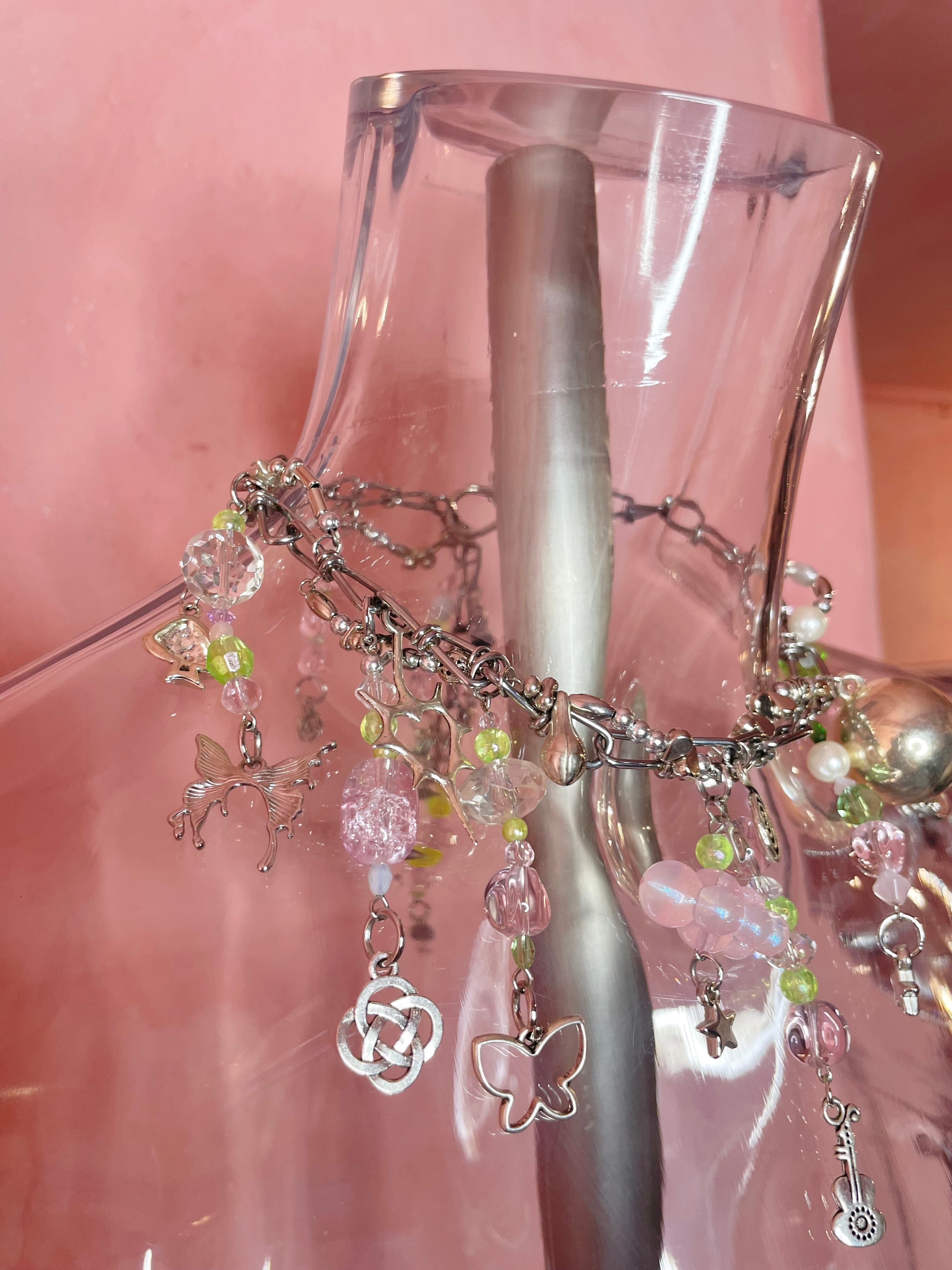 Chunky Charm Necklace 〈Silver pink green〉