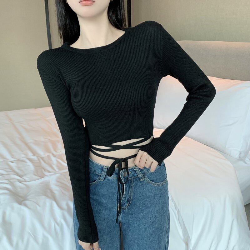 ストラップ ニットTシャツ シャツ ショートトップス オータム ロング 秋物 ガールズファッション43812755749