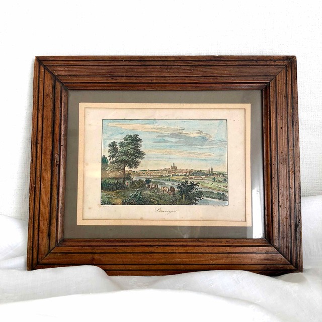 版画　リトグラフ　リモージュ地方風景　田園風景　木製フレーム 12PSbp14