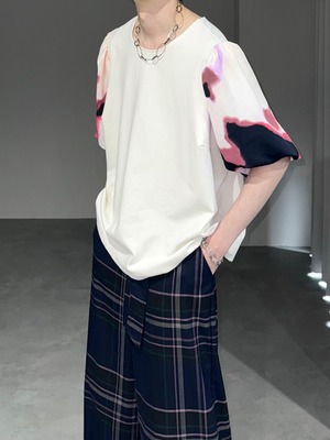 marble balloon sleeve pullover / white × pink, red, lavender