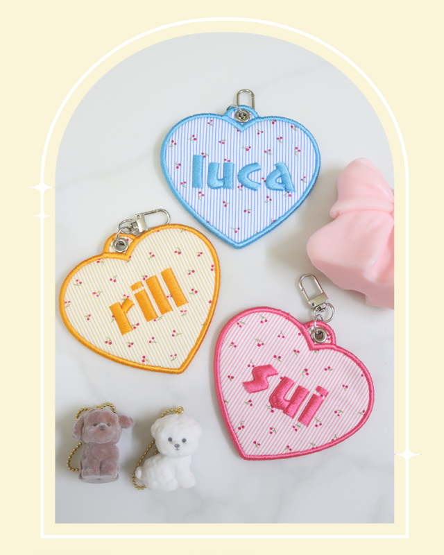 【 8/17〜発送分 】刺繍ネームタグ〔 チェリー×ストライプ Heart 〕