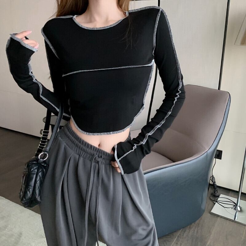 ショートトップス オータムシャツ Tシャツ ロング 大人ガーリー スウィート キュート カジュアル 秋物 ステッチ ガールズファッション15549135903