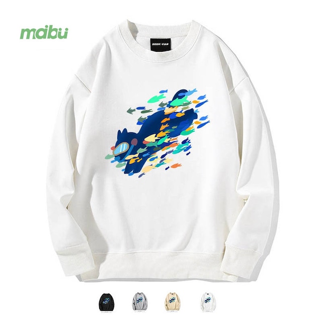 【MAIBU---猫シリーズ】★トップス★ 4color スウェット 男女兼用 メンズ カートゥーン 魚 猫 猫柄 ねこ ネコ