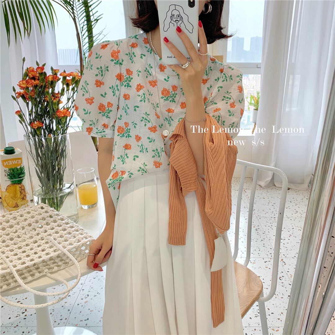 フローラルシャツ レディースサマースタイルルーズラウンドネックスリーブトップス 夏物 花柄 Oネック ビッグFスモールZ韓国80600373421