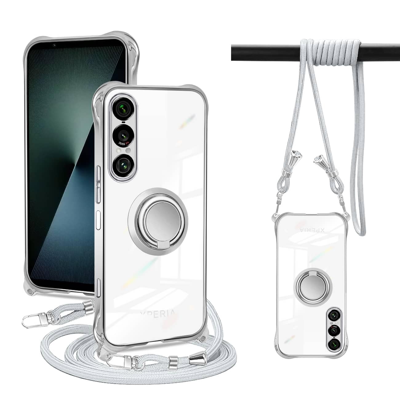 PAILAIMEN SONY Xperia 1 VII ケース クリア ネック リング付き ショルダー xperia1 vii ケース SO-51F/SOG15 耐衝撃 対応 エクスペリア1 Vii スマホケース 肩掛け 斜めかけ 縄掛け 透明 TPU ストラップ付き 薄型 軽量 紐付き ネックストラップ ショルダー 肩掛け 縦/横 2WAY 長さ調整可能 取り外し可能 落下防止(シルバー)